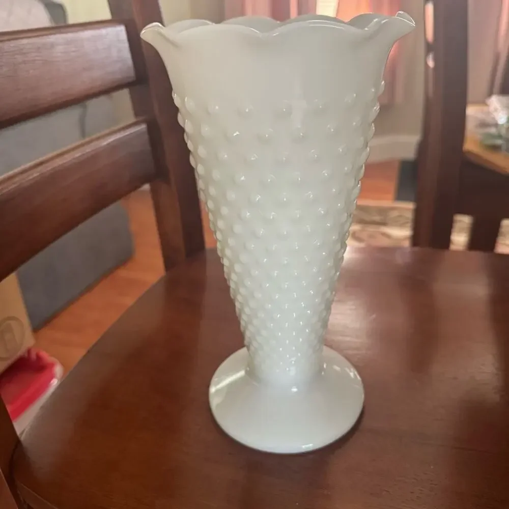 Anchor Hocking Hobnail Milk Glass Large Trumpet Vase Dot and Dash,  Scallop Edge